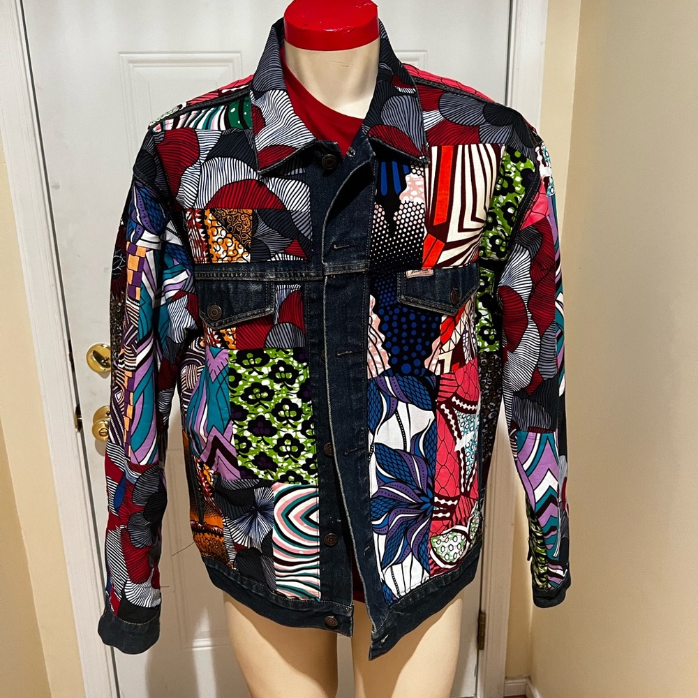 One of a kind men’s jean jacket, Levi Strauss, African fabric